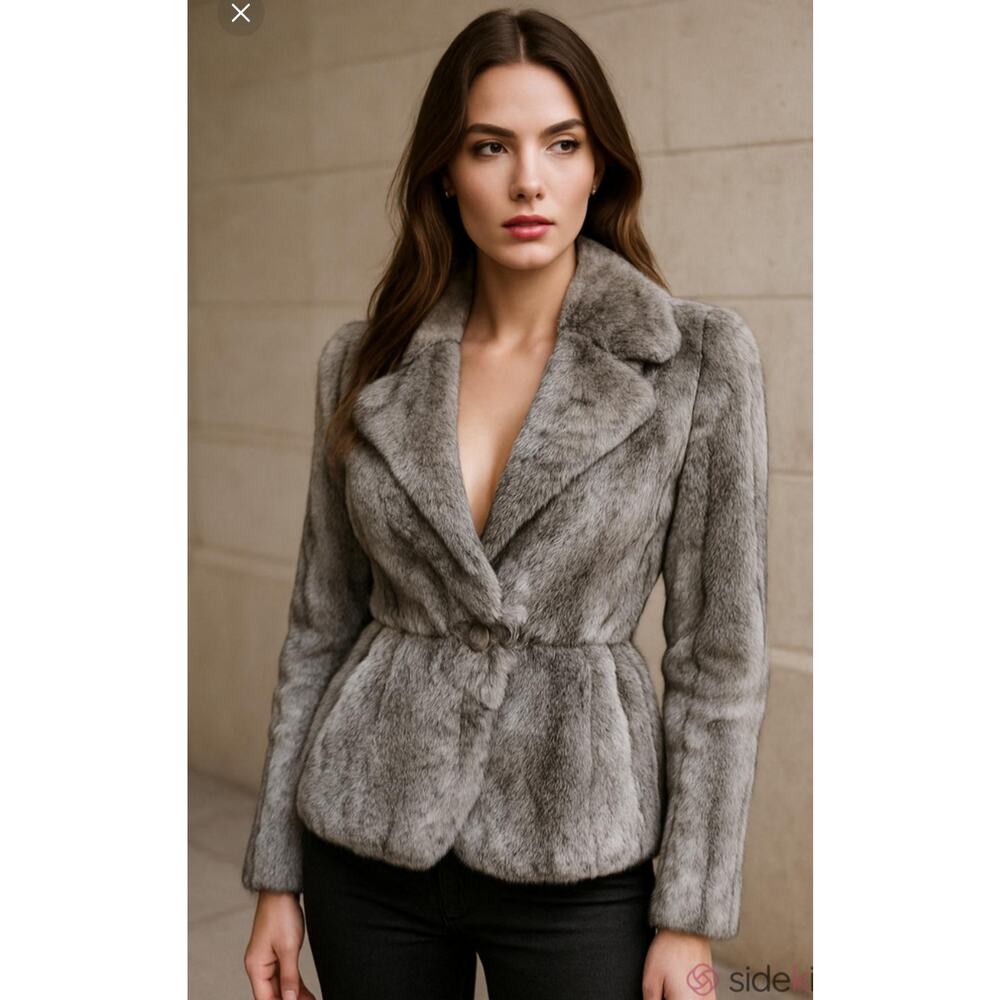 Vtg Luxury Rabbit Fur coat sz S Gray/Tan double lapel btn close old money glam